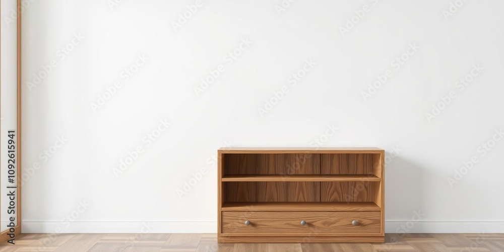Wood grain bookshelf standing alone against a plain white wall, simple elegance, isolated on white
