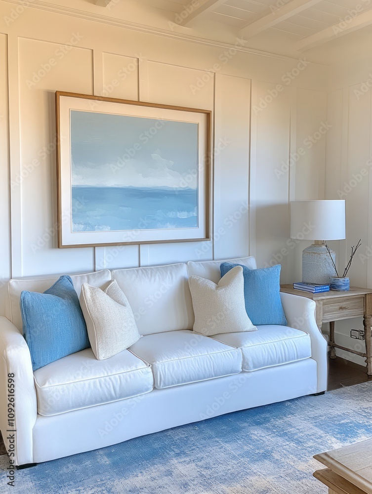 Fototapeta premium Coastal Living Room Decor Featuring A Blue Seascape Painting