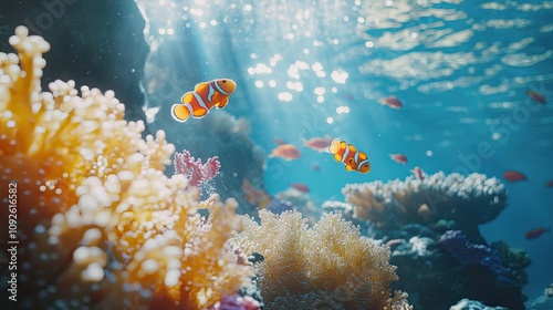 Close-up of a vibrant coral reef underwater, colorful fish swimming among corals, clear ocean water