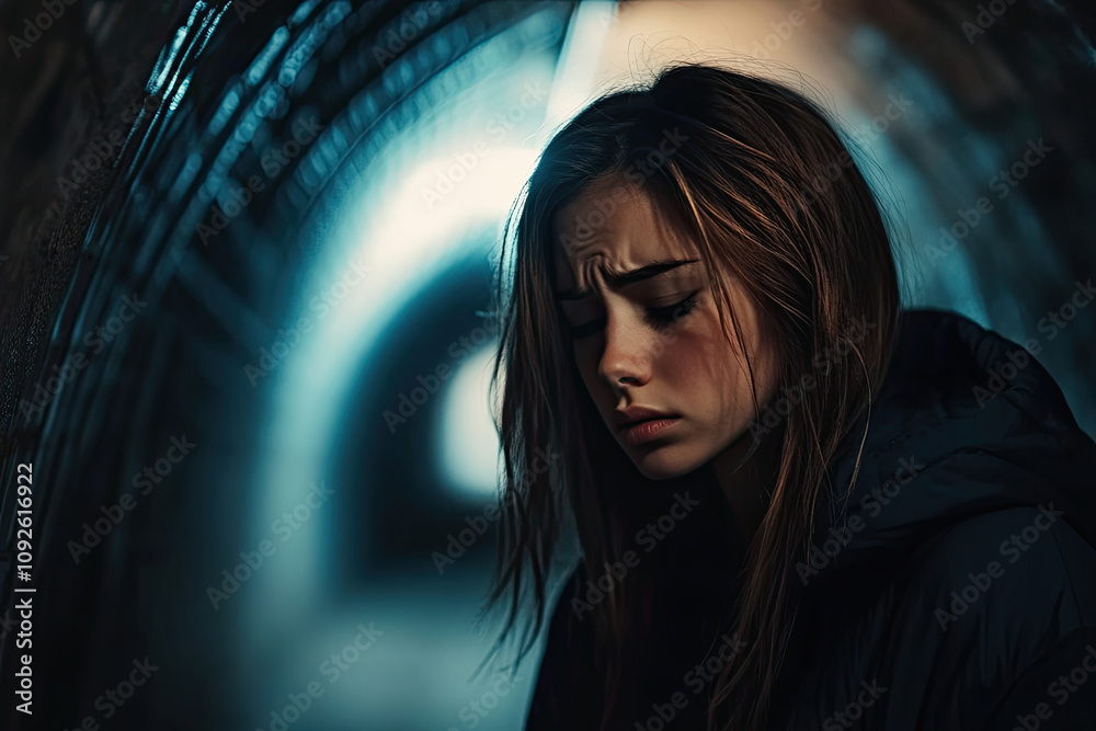 Depressed sad young female standing in a dark tunnel Depressed sad young female standing in a dark tunnel