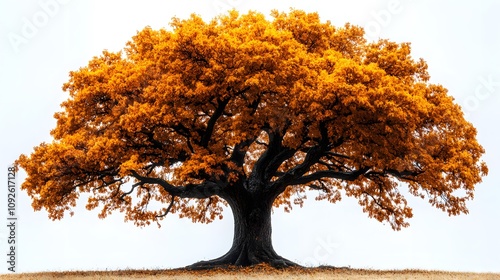 A solitary oak tree with vibrant golden leaves against a white background photo