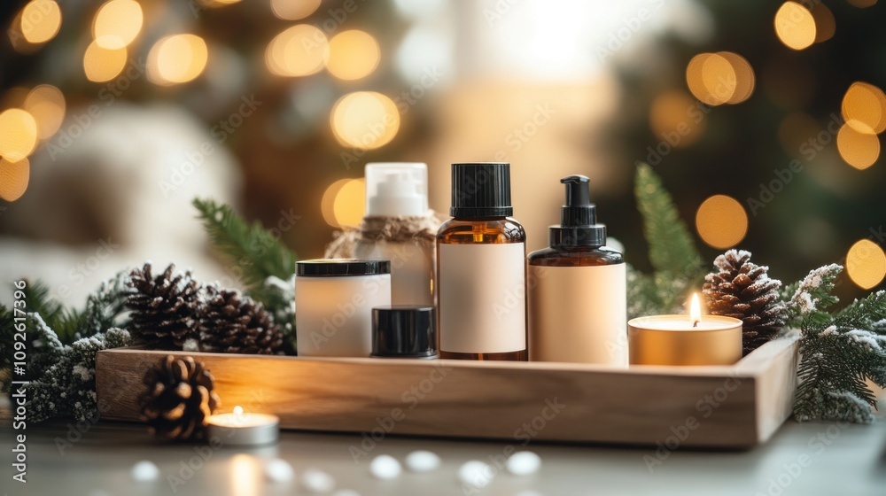 A serene display of skincare products amidst festive decor. A serene display of skincare products amidst festive decor.
