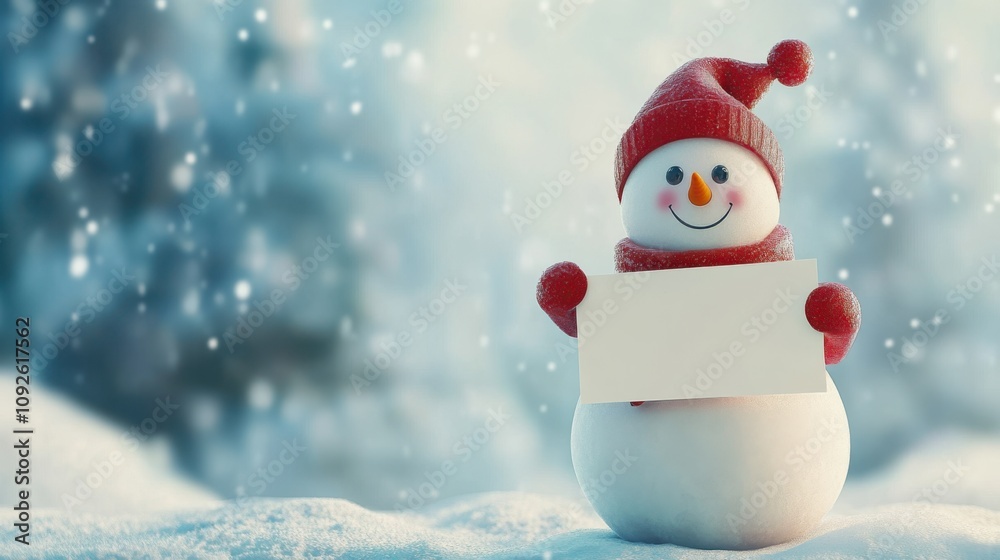 Fototapeta premium Cute 3D snowman with a red scarf and hat, holding a blank banner for