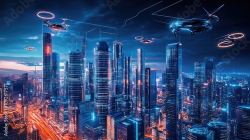 Wallpaper Mural Futuristic cityscape with neon lights, flying vehicles, and high-tech buildings, cyberpunk aesthetic at night Torontodigital.ca