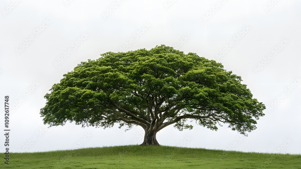 A Single Tree with Lush Green Canopy Standing Against a Cloudy Sky