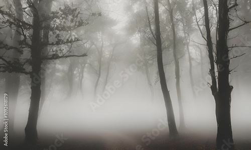 Misty landscape with fir forest in hipster vintage retro style photo