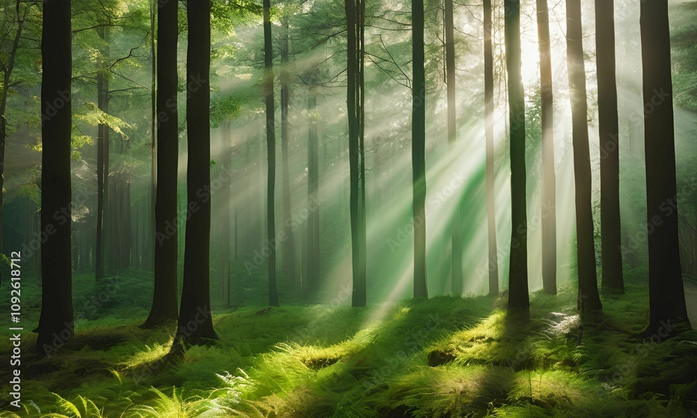 Beautiful rays of sunlight in a green forest Beautiful rays of sunlight in a green forest