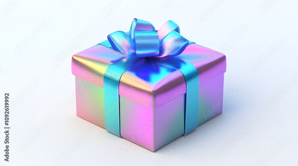 A Square Gift Box Wrapped in Iridescent Foil with a Blue Bow A Square Gift Box Wrapped in Iridescent Foil with a Blue Bow