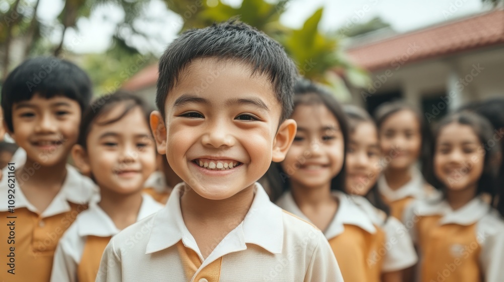 A cheerful group of children in school uniforms, smiling and enjoying their time together. A cheerful group of children in school uniforms, smiling and enjoying their time together.