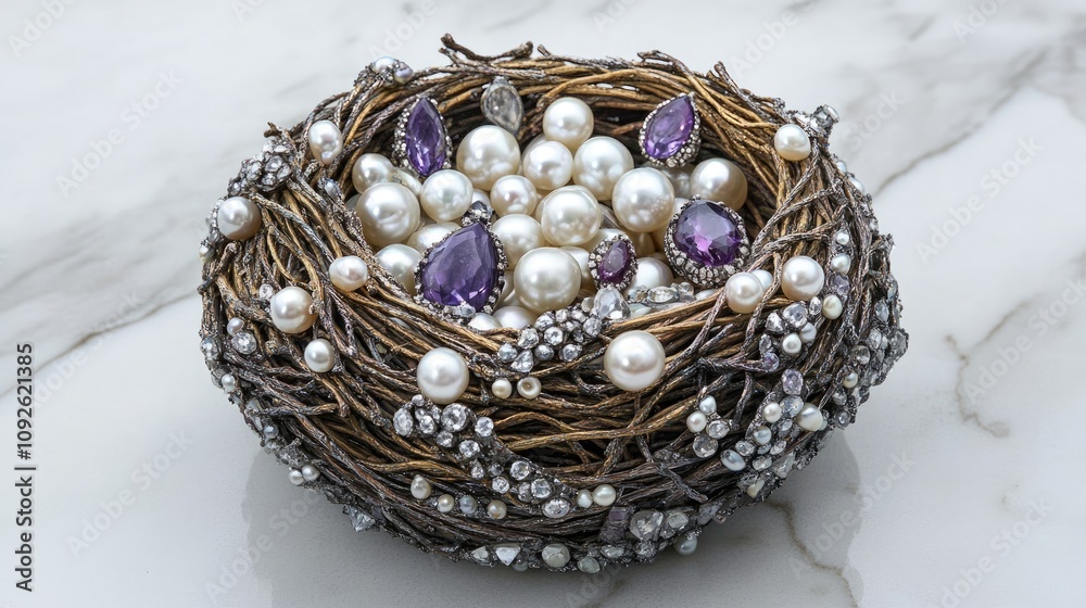 Elegant Nest of Pearls and Gems on Marble Surface Elegant Nest of Pearls and Gems on Marble Surface