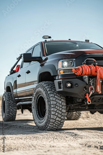 Truck with a winch and off-road gear for trail recovery photo