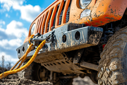 Truck with a winch and off-road gear for trail recovery photo