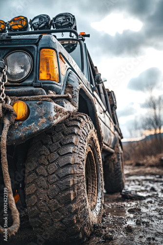 Truck with a winch and off-road gear for trail recovery photo