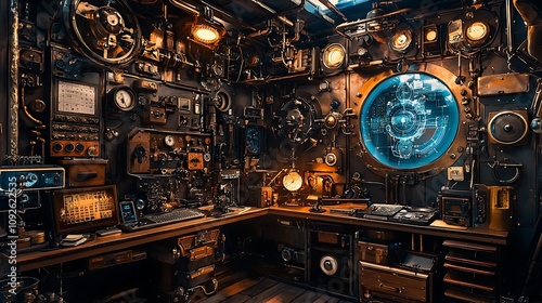 Steampunk Workspace Futuristic Retro Tech Control Room photo