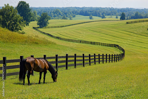 Horse grazing peacefully in a fenced paddock photo