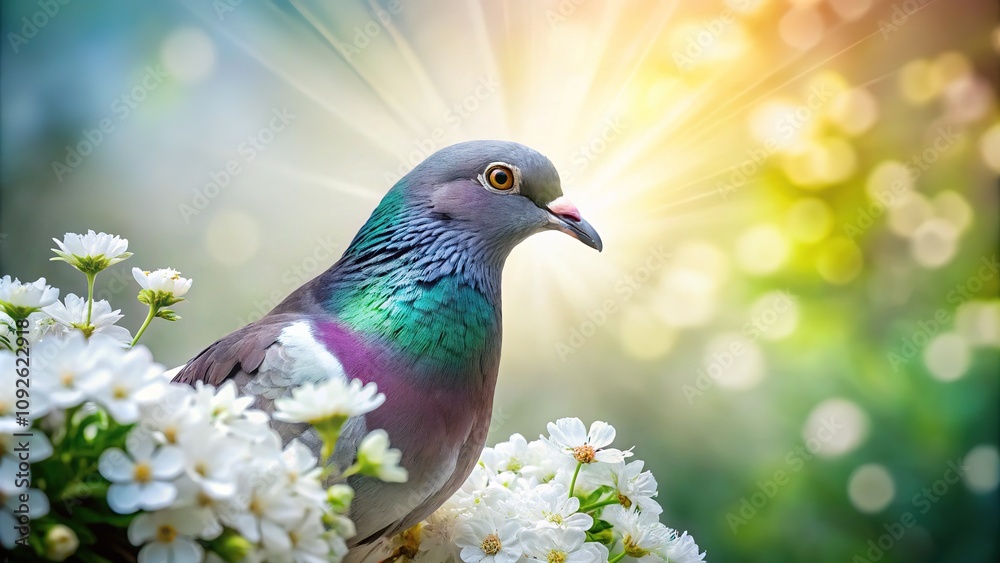 White flowers bloom beneath a gentle pigeon, its movements creating a hypnotic, continuous loop. White flowers bloom beneath a gentle pigeon, its movements creating a hypnotic, continuous loop.