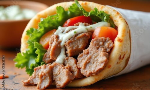 Delicious meat wrap with fresh vegetables photo