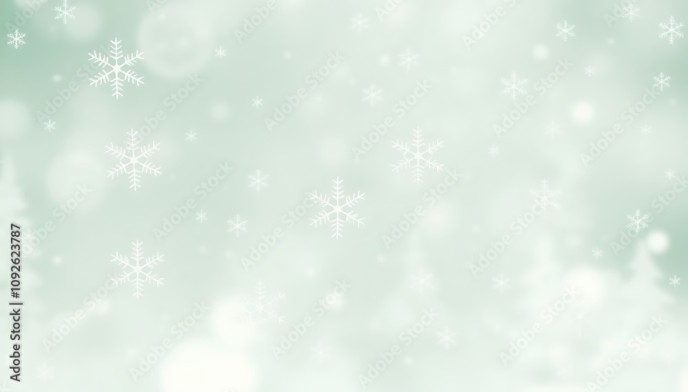 Fototapeta premium A soft Christmas-themed wallpaper featuring delicate snowflakes and faint pine tree silhouettes in pastel greens and whites, creating a cozy, wintery ambiance.