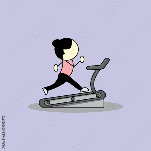 Girl running on treadmill vector cartoon draw to describe sports fitness and workout 