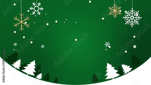 Christmas background with snow falling and pine tree silhouette on green background, motion graphic loop video photo