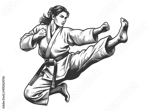 female martial artist executing a high kick in a karate uniform with fierce determination sketch engraving generative ai vector illustration. Scratch board imitation. Black and white image.