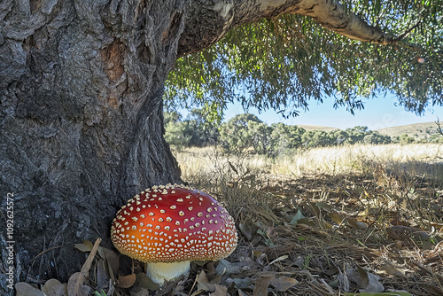 Red toadstools with white spots growing in the shade of a large tree photo