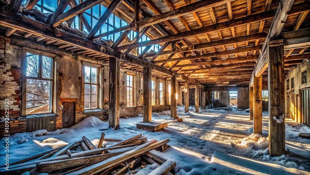 Winter's embrace, an abandoned building's frozen beauty captured. Winter's embrace, an abandoned building's frozen beauty captured.