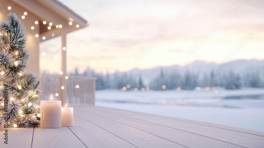 Obraz premium Cozy Winter Scene with Christmas Tree and Snowy Landscape at Dusk