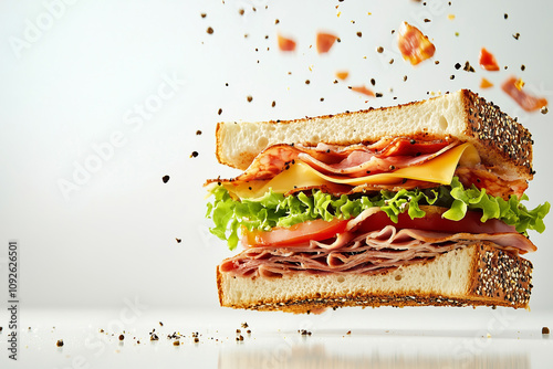 A hoagie sandwich with layers of meat, cheese, lettuce, and tomato, flying mid-air with ingredients scattering around, with copy space.  photo