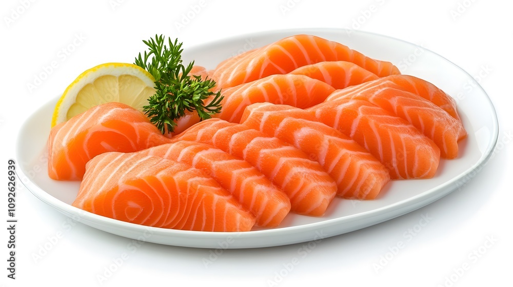 Fresh Sliced Salmon on a White Plate with Lemon and Parsley Fresh Sliced Salmon on a White Plate with Lemon and Parsley