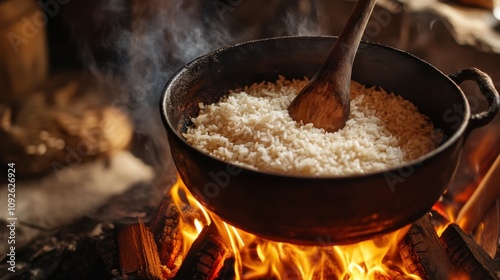 Campfire Cooking Rice Simmering in Rustic Iron Pot with Wooden Spoon photo