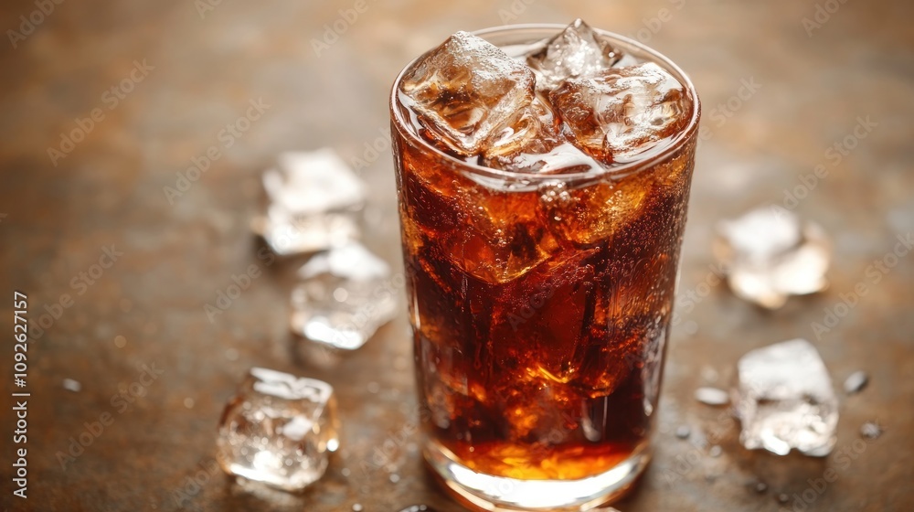 A glass of cola with ice cubes on a rustic surface, inviting and refreshing. A glass of cola with ice cubes on a rustic surface, inviting and refreshing.