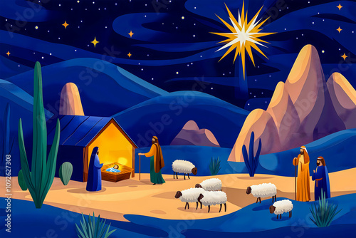 In a serene desert setting, the nativity scene showcases the birth of Jesus. Figures gather near a stable illuminated by the bright star above, with sheep peacefully grazing nearby