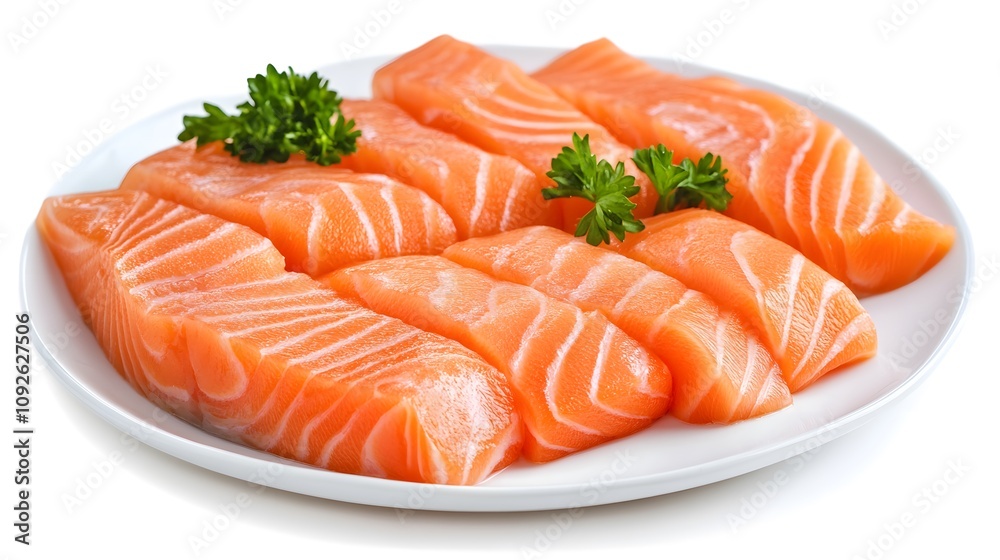 Raw salmon fillets with parsley on a white plate Raw salmon fillets with parsley on a white plate