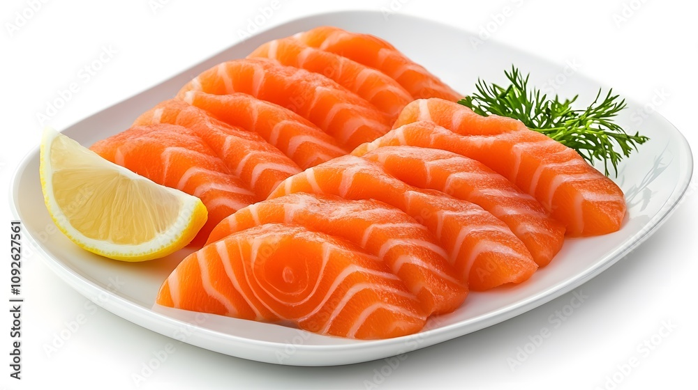 Slices of Raw Salmon with Lemon Wedge and Dill on White Plate Slices of Raw Salmon with Lemon Wedge and Dill on White Plate