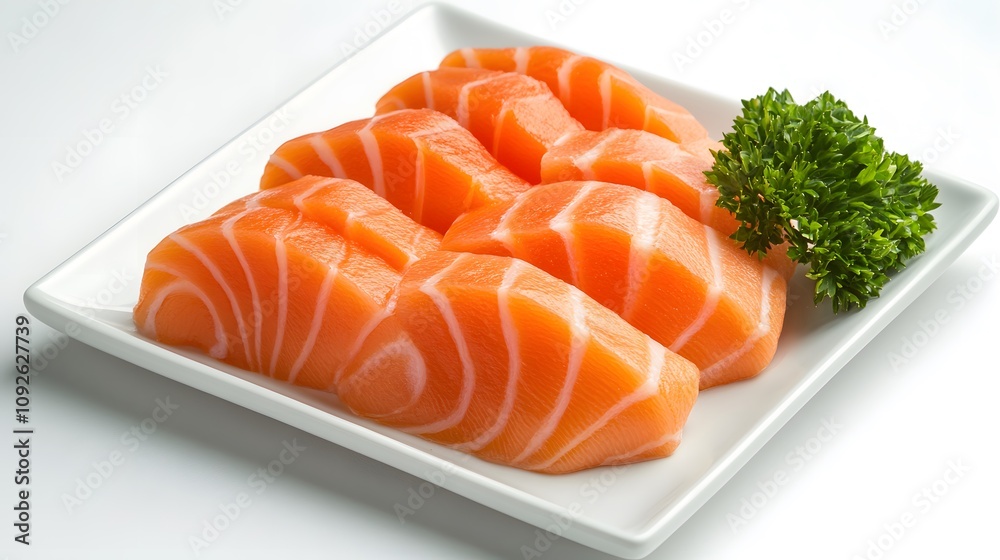 Raw Salmon Sashimi with Parsley Garnish on a White Square Plate Raw Salmon Sashimi with Parsley Garnish on a White Square Plate