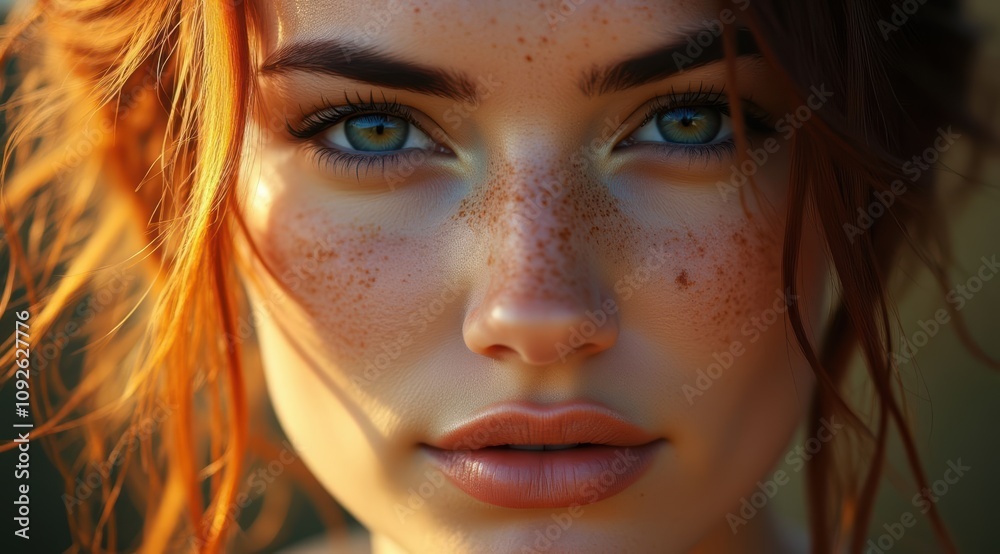 Close-up of a young woman with freckles Close-up of a young woman with freckles