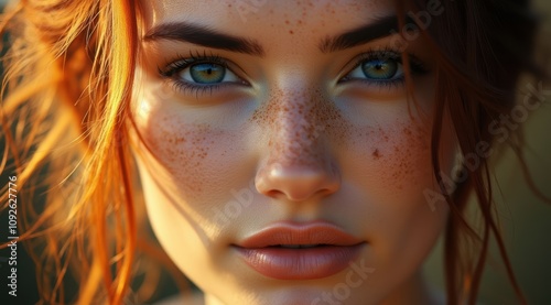 Close-up of a young woman with freckles