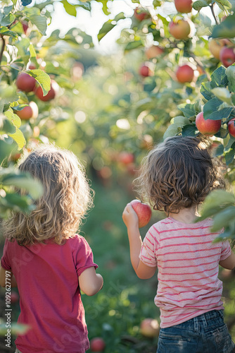 Children picking apples from trees in an orchard photo