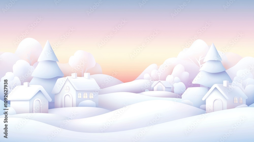 Serene Winter Landscape with Soft Pastel Colors and Cozy Homes Serene Winter Landscape with Soft Pastel Colors and Cozy Homes
