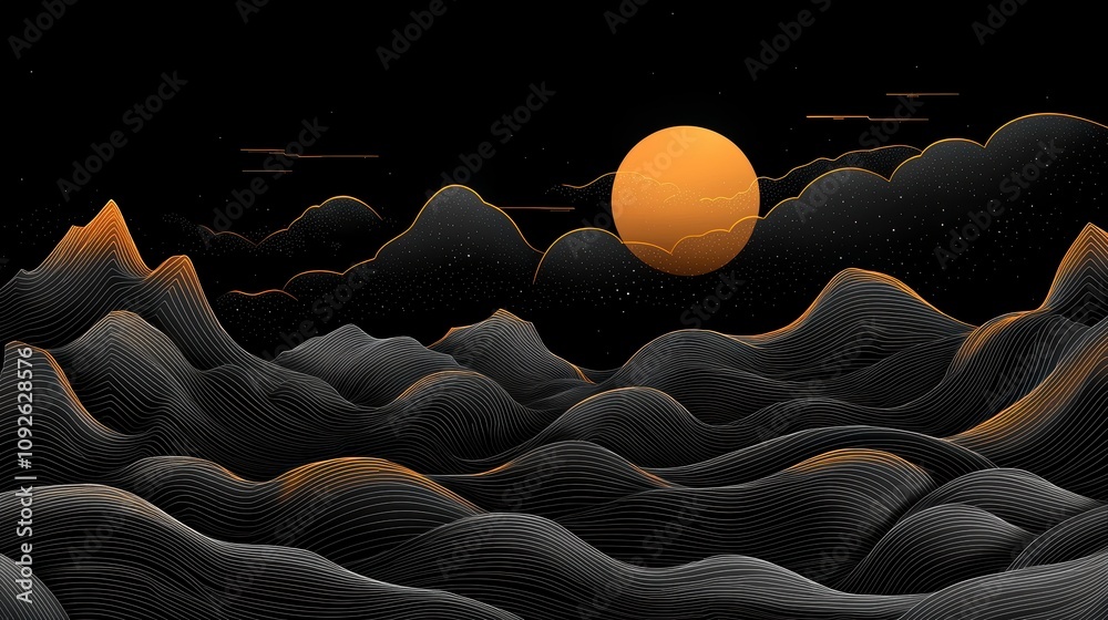 Obraz premium Serene Landscape at Dusk with Stylized Mountains and Sun