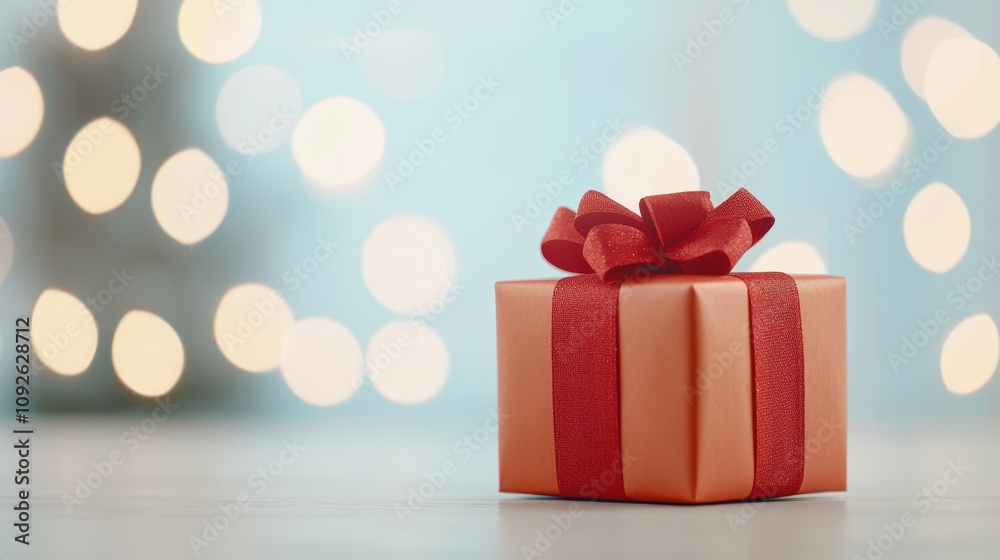 Beautifully Wrapped Gift Box with Red Ribbon on Soft Background Beautifully Wrapped Gift Box with Red Ribbon on Soft Background