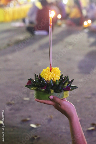 Loy Krathong Traditional Festival, Thai woman hold kratong, Thailand.