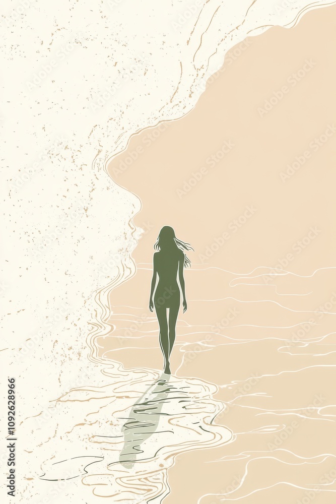A minimal single line art of a woman walking barefoot on the beach, waves lapping at her feet, celebrating the freedom of the ocean, hand-drawn style minimalist line art, beige colors and seafoam A minimal single line art of a woman walking barefoot on the beach, waves lapping at her feet, celebrating the freedom of the ocean, hand-drawn style minimalist line art, beige colors and seafoam