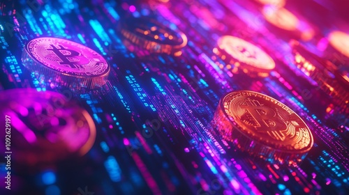 Digital Bitcoin Cryptocurrency in Neon Light photo