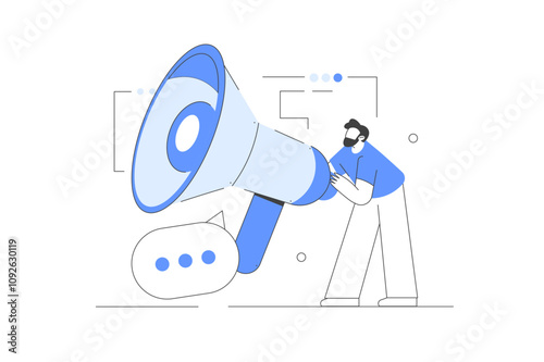 Digital business. Working on content marketing, seo strategy and other activities. Big loudspeaker. Marketing promotional campaign. PR management and advertisement. Flat Modern Vector Illustration