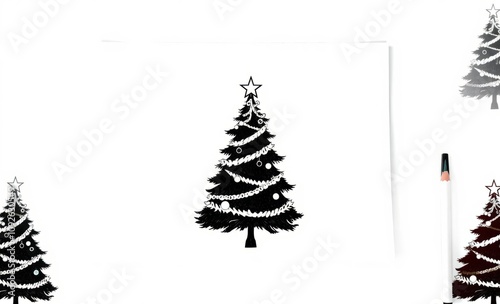 Christmas trees, simple silhouettes, black and white, minimalist design, festive decorations, ornaments, tree toppers, varying sizes, graphic style, holiday illustration, monochrome artwork, clean lin photo