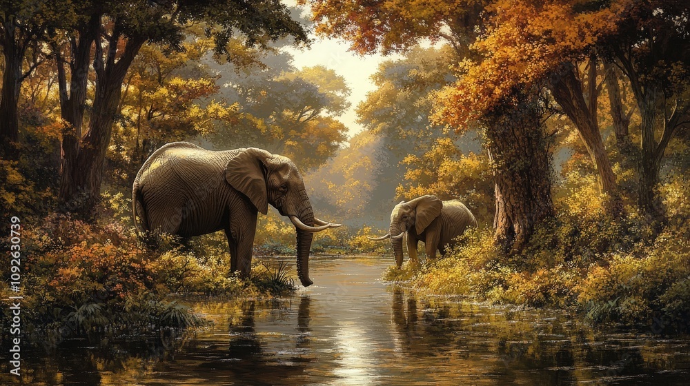 Fototapeta premium Two majestic elephants wander through a tranquil forest with autumn foliage, reflecting nature's beauty and serenity.