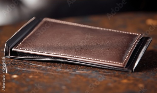 A sleek brown leather wallet resting on a textured surface.