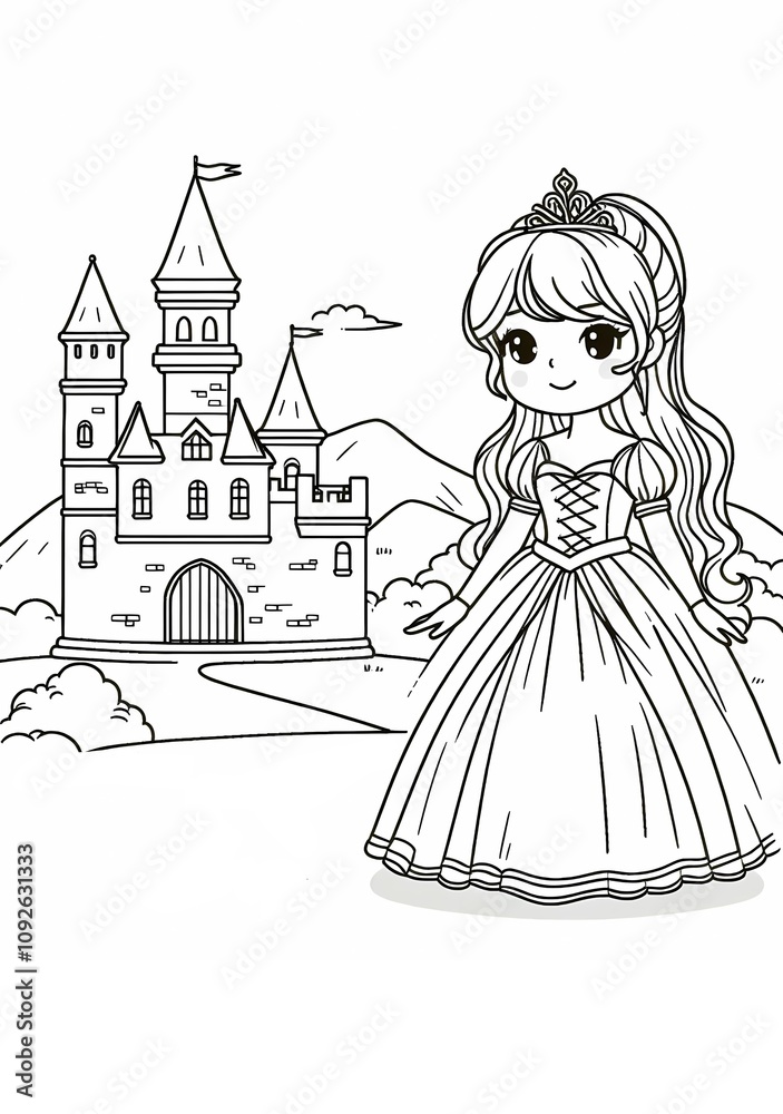 Fototapeta premium Doll with Long Hair near Castle Vector Coloring Page for Kids